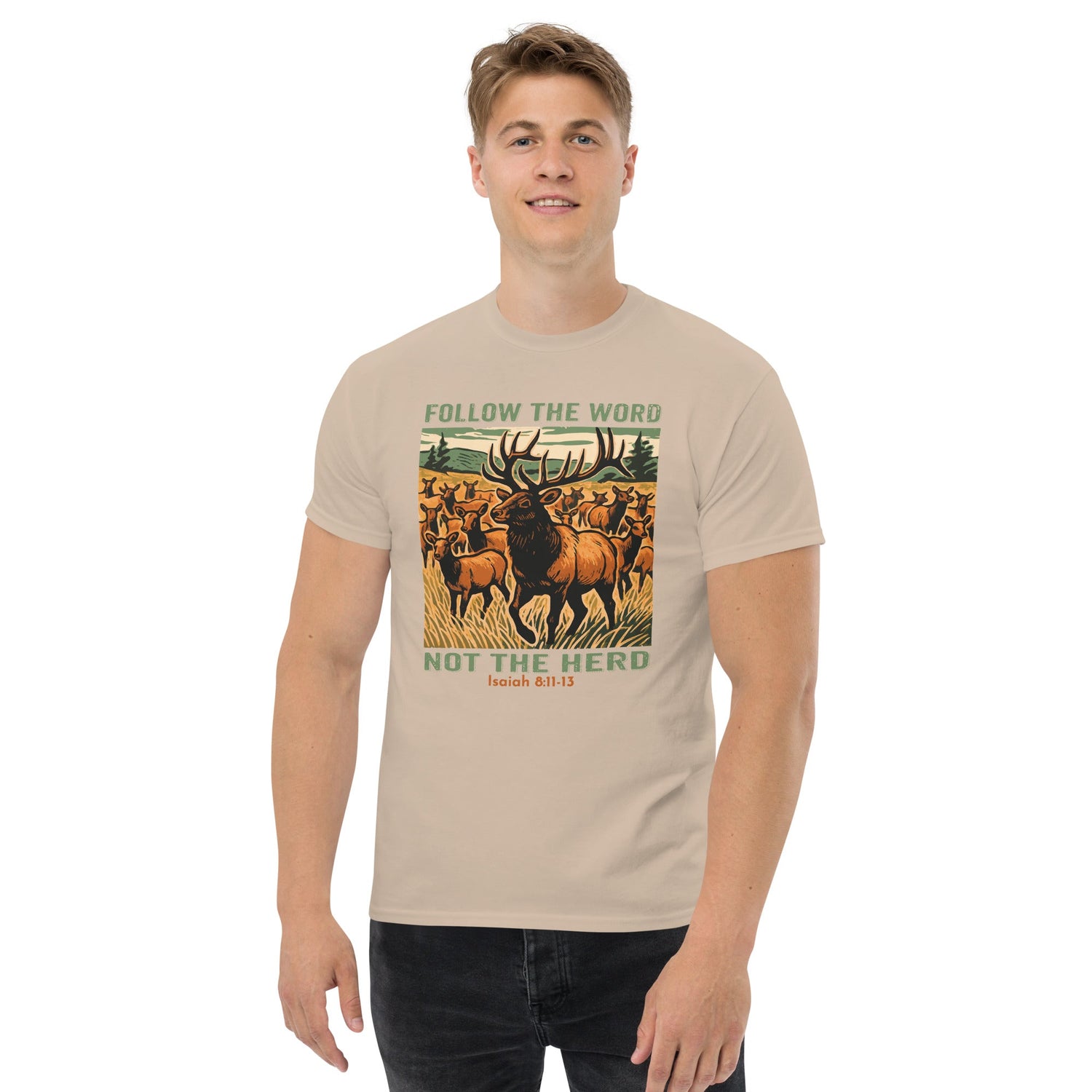 "Follow the Word, Not The Herd" Bible Verse with images of an Elk herd.
