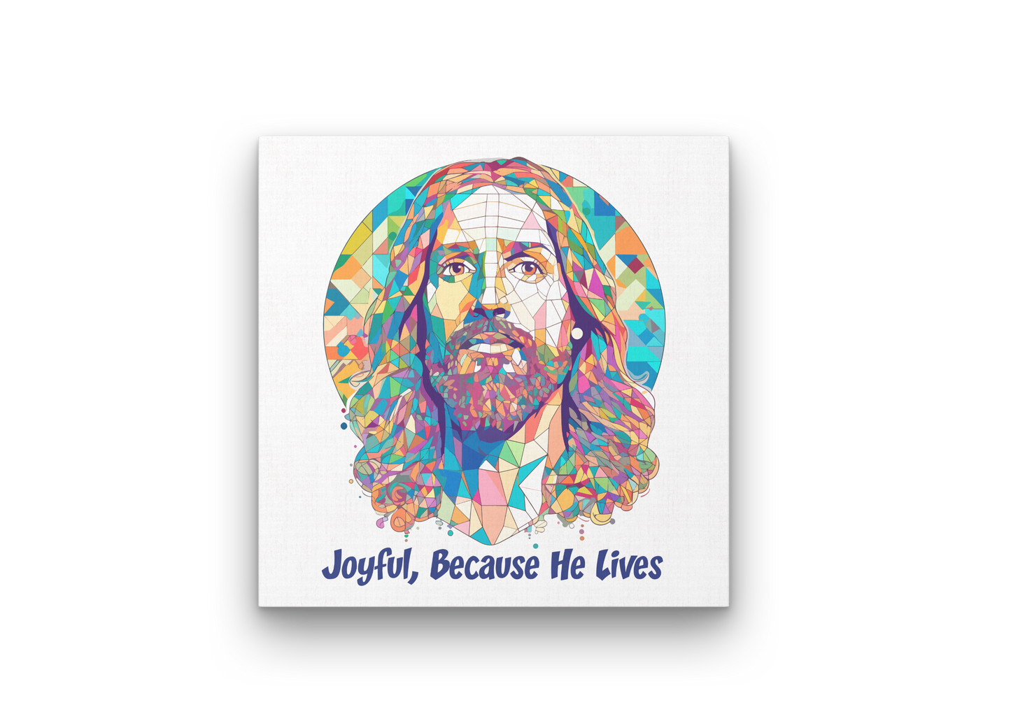 Colorful depiction of a religious figure with 'Joyful, Because He Lives' text on a white background