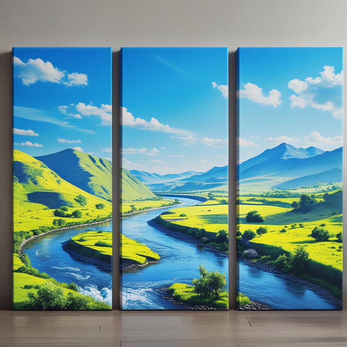 Three-panel canvas print of a scenic landscape with a river and mountains.