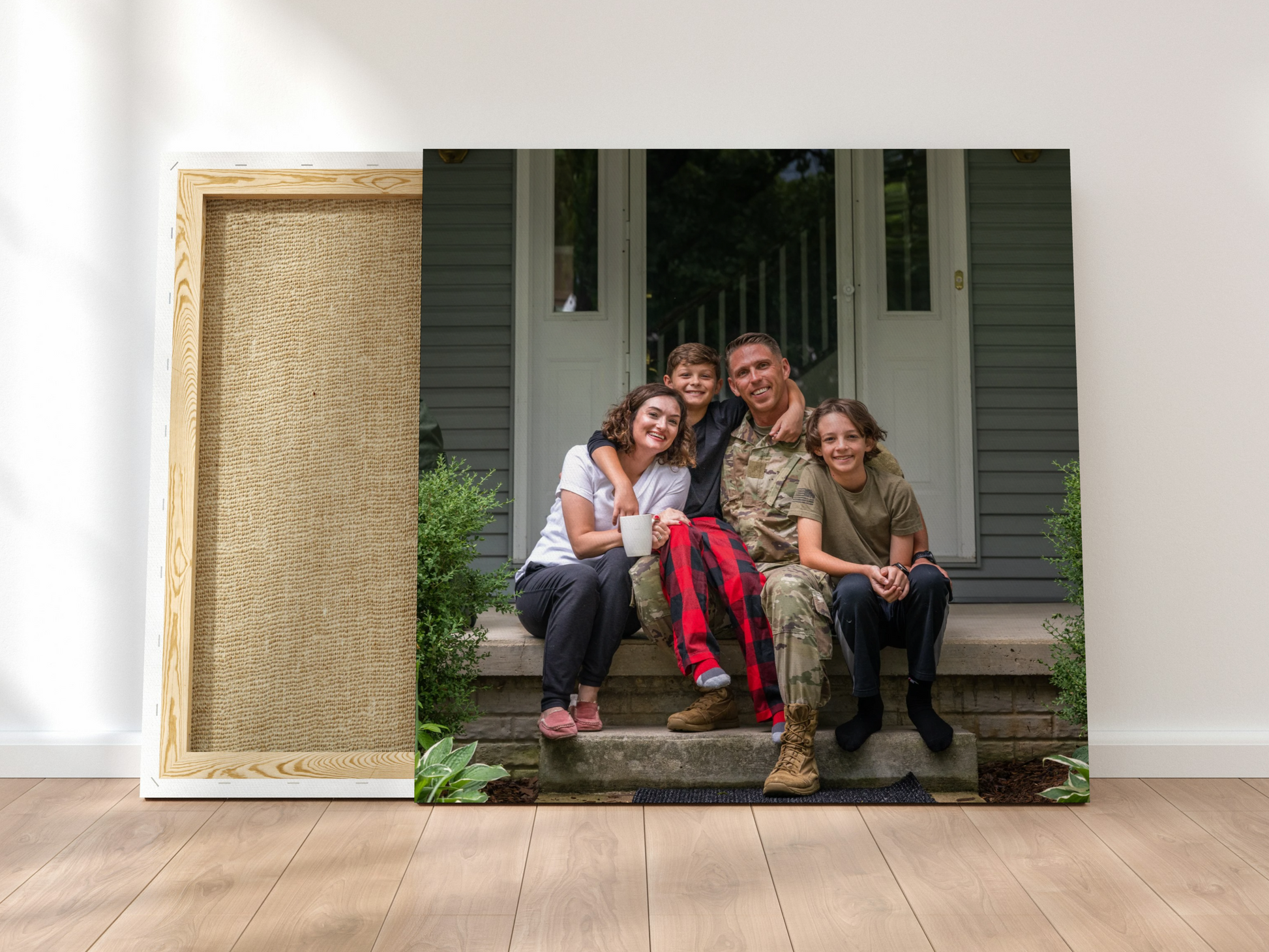 Canvas family photo on a wooden floor