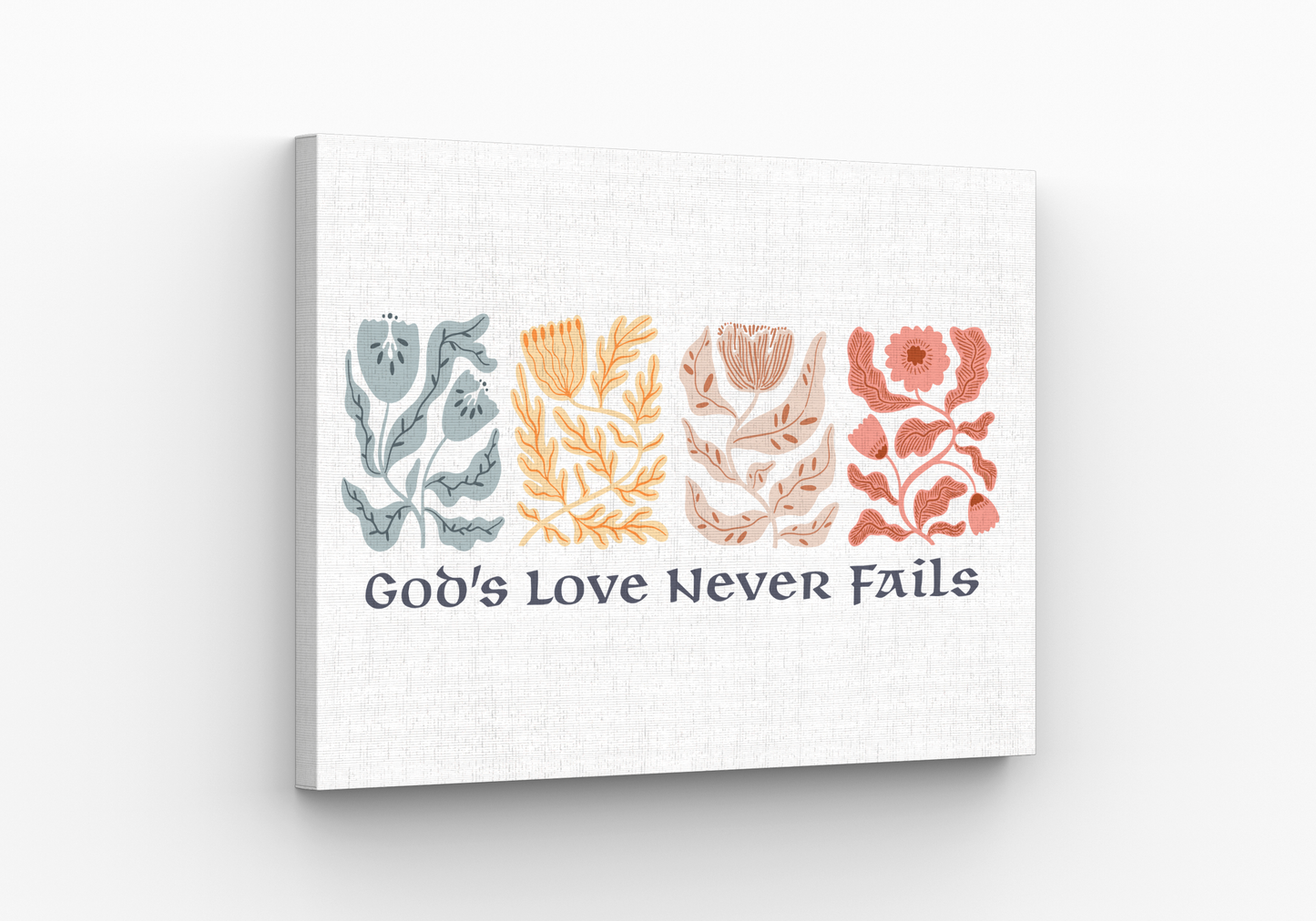 Canvas with floral designs and 'God's Love Never Fails' text on a white background