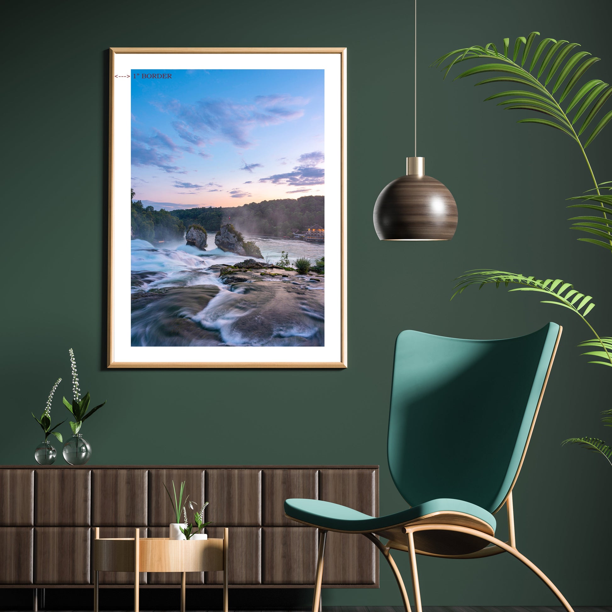 Modern interior with a framed landscape print on a green wall, teal chair, and wooden cabinet.