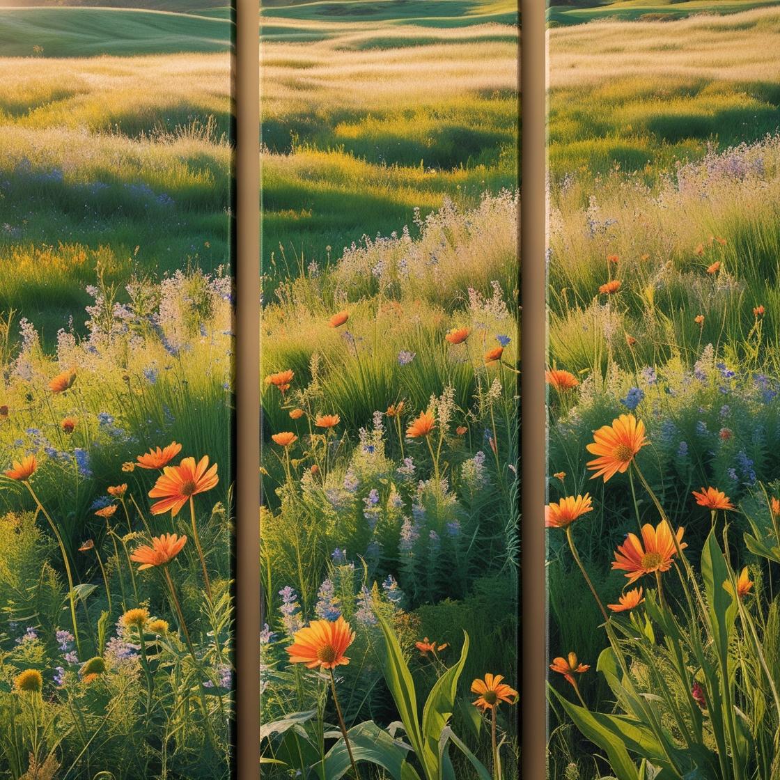 Three panels of a canvas with a view of a field of wildflowers and green grass.