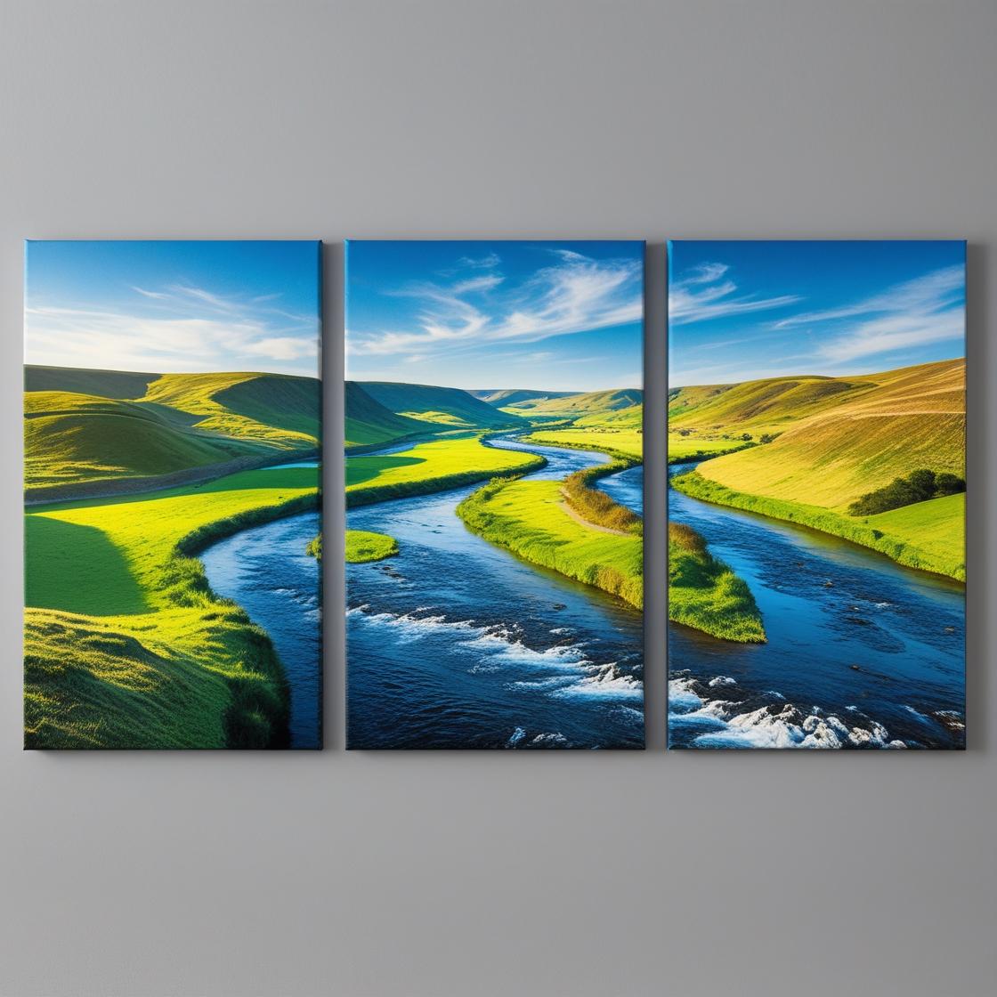 Three-panel canvas print of a river landscape with green hills and blue sky.
