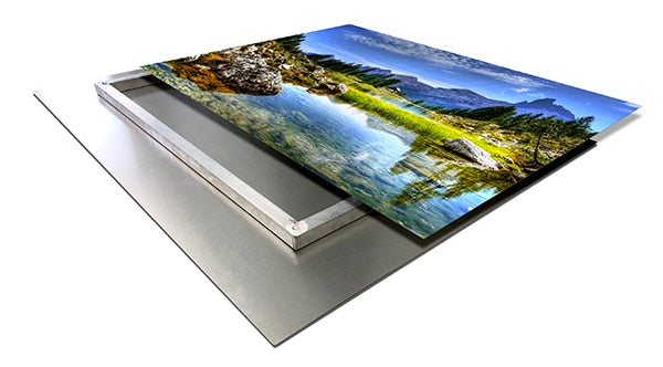 Aluminum photo print of a mountain lake with what the floating wall mount looks like 