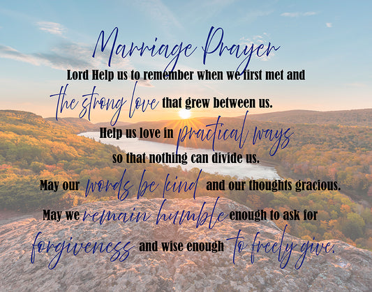 Marriage prayer text overlay on a scenic background with mountains and sunset.