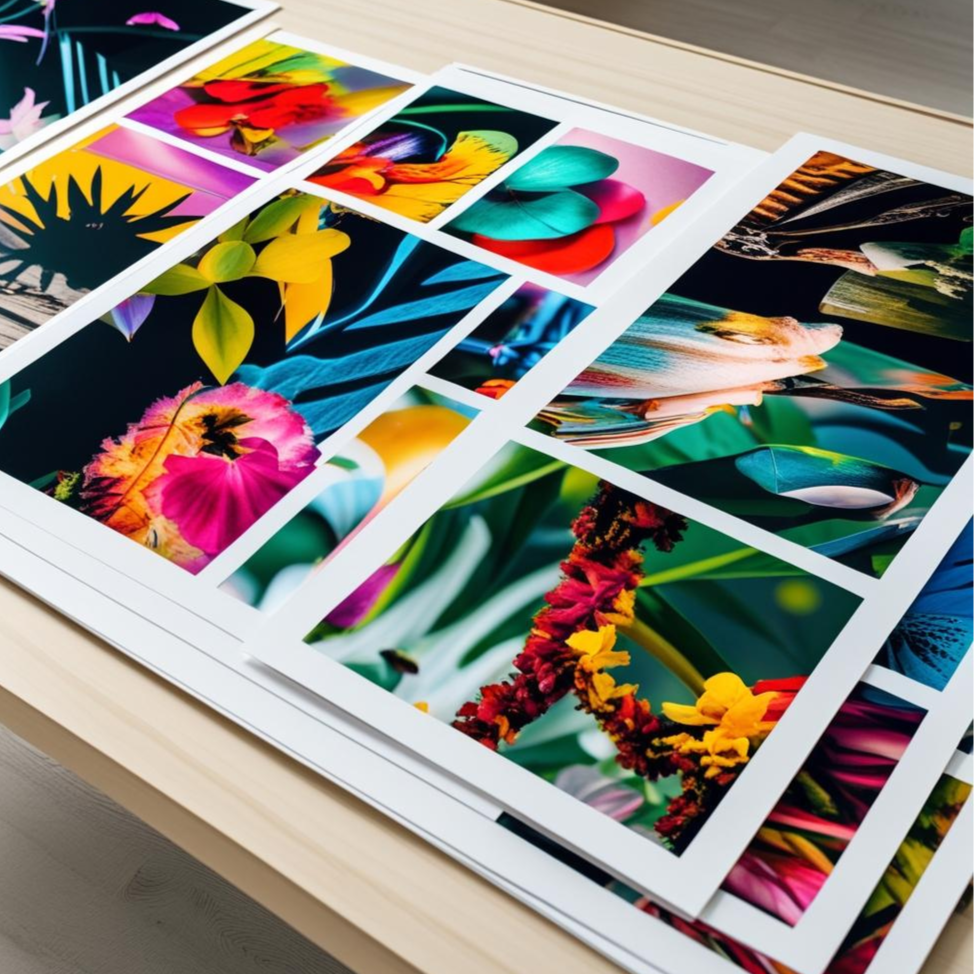Colorful floral prints on a wooden table