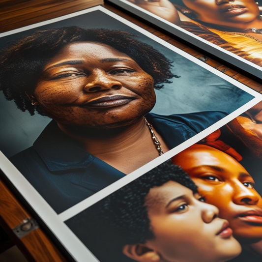 Two paper photo portraits of a woman and a child on a wooden surface.