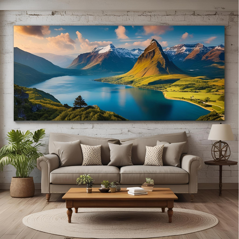 Living room with a large wall-mounted Gallery Canvas displaying a mountain landscape, gray sofa, wooden coffee table, and decorative items.