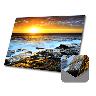Aluminum print featuring a rocky beach shoreline with a magnified edge detail.