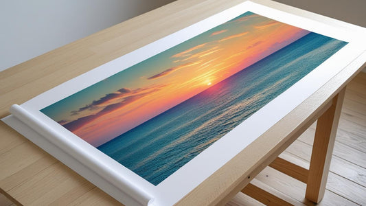 Printed canvas artwork of a sunset over water on a wooden table.
