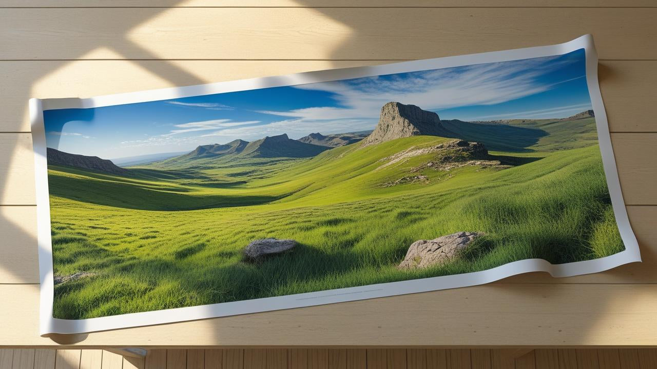 Landscape print of a mountainous area with green fields on a wooden surface