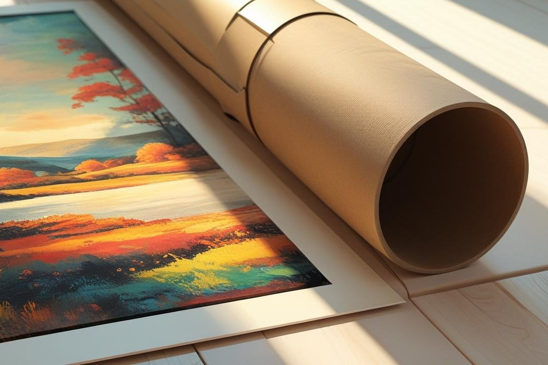 Unrolled poster print of a landscape with a cardboard tube on a light surface