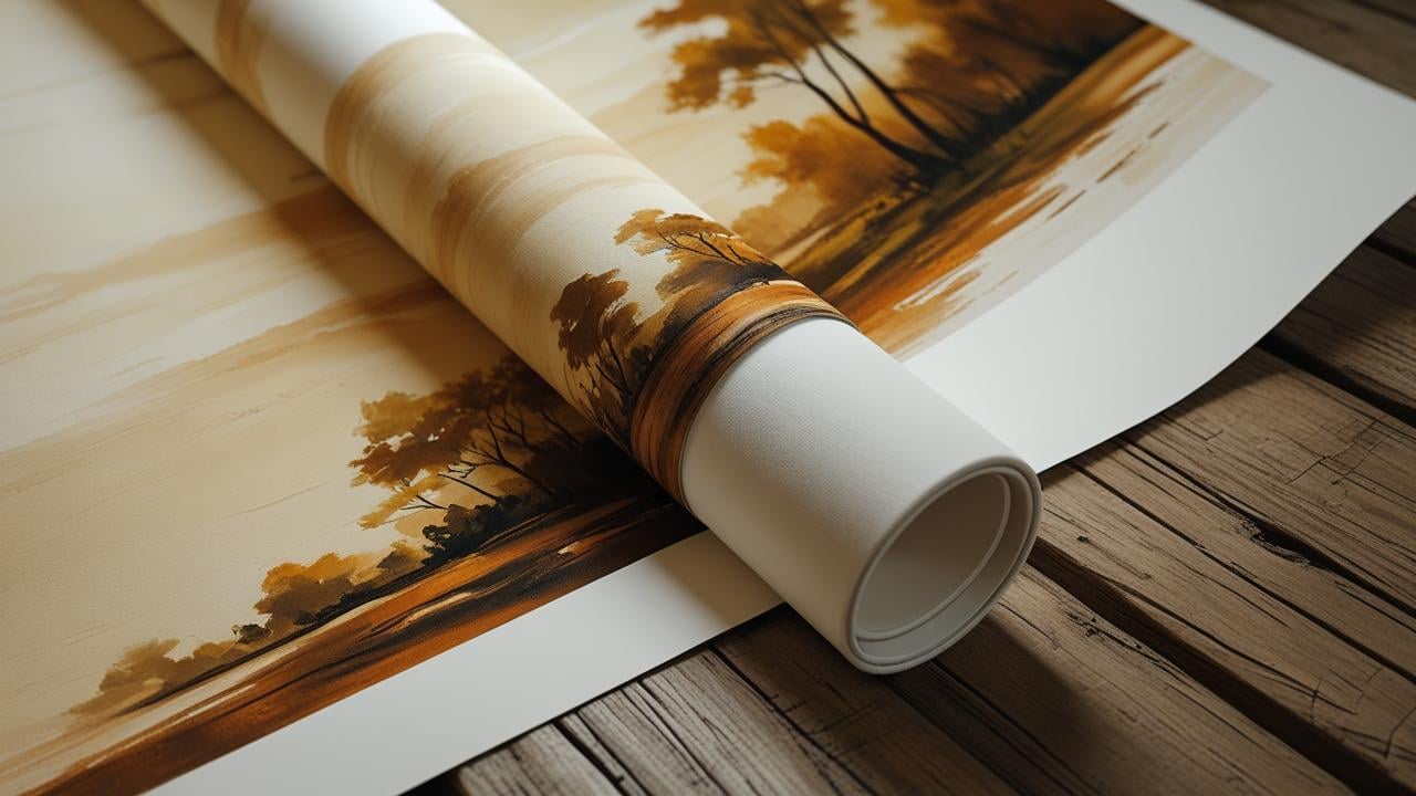 Rolled-up landscape painting on canvas on a wooden surface