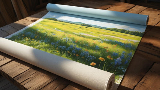 Rolled-up landscape canvas print of a field with flowers on a wooden surface