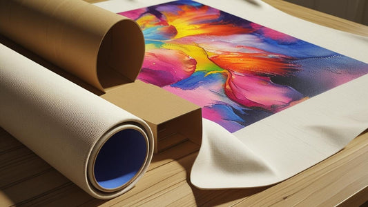Rolls of a canvas print and a colorful abstract canvas painting on a wooden surface