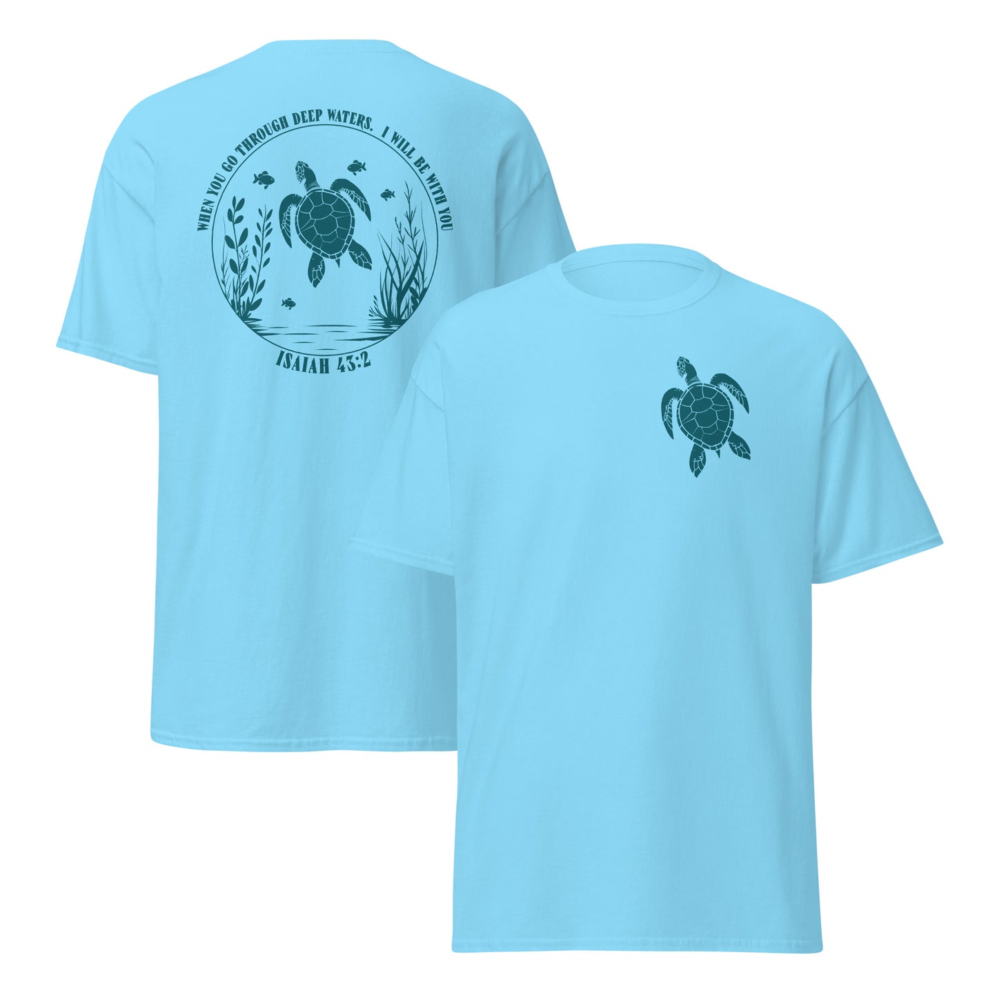 The 100% cotton unisex Christian Turtle-Isaiah 43:2-Chirstian Bible Quotes, Turtle t-shirt