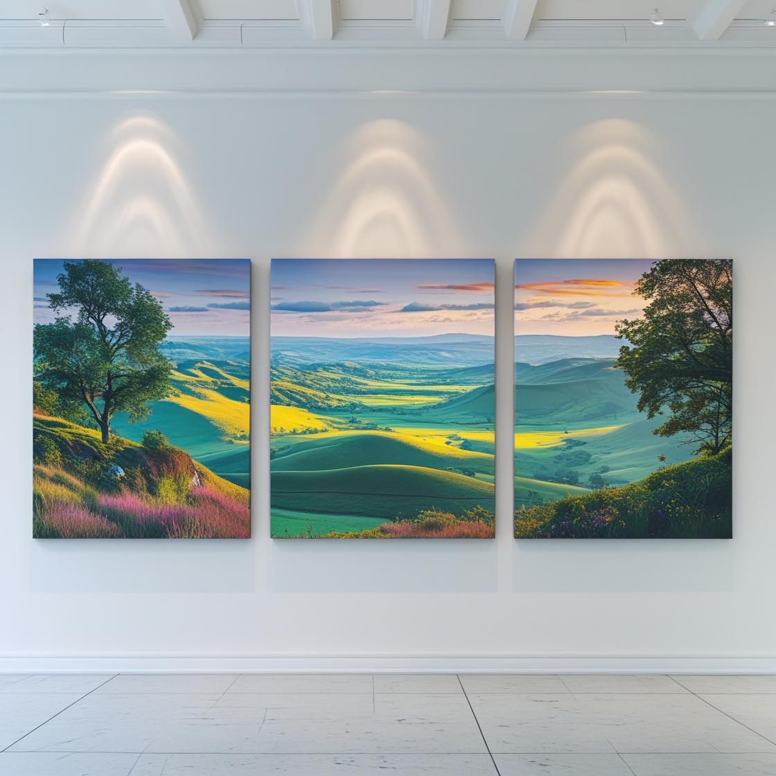 Three landscape paintings on a wall with a white ceiling and floor.