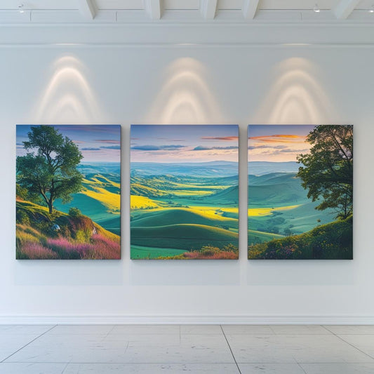 Three landscape paintings on a wall with a white ceiling and floor.